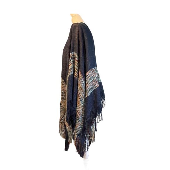 Woven Heart Ruana Wrap Poncho Blue Multi-Colored Plaid Striped Patterned Fringe - Picture 2 of 6